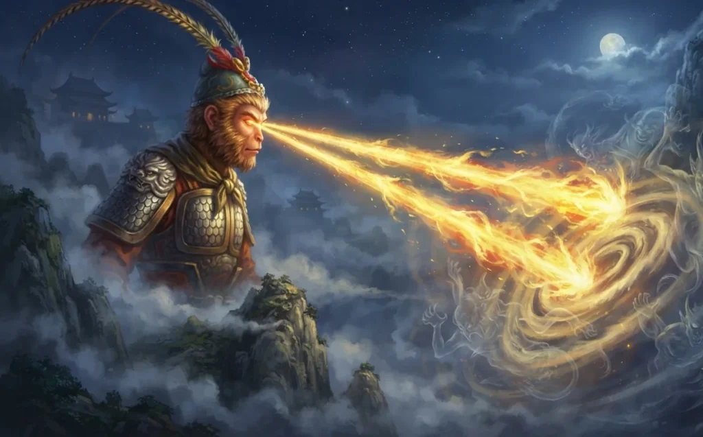 Sun Wukong using his fiery eyes and golden pupils.