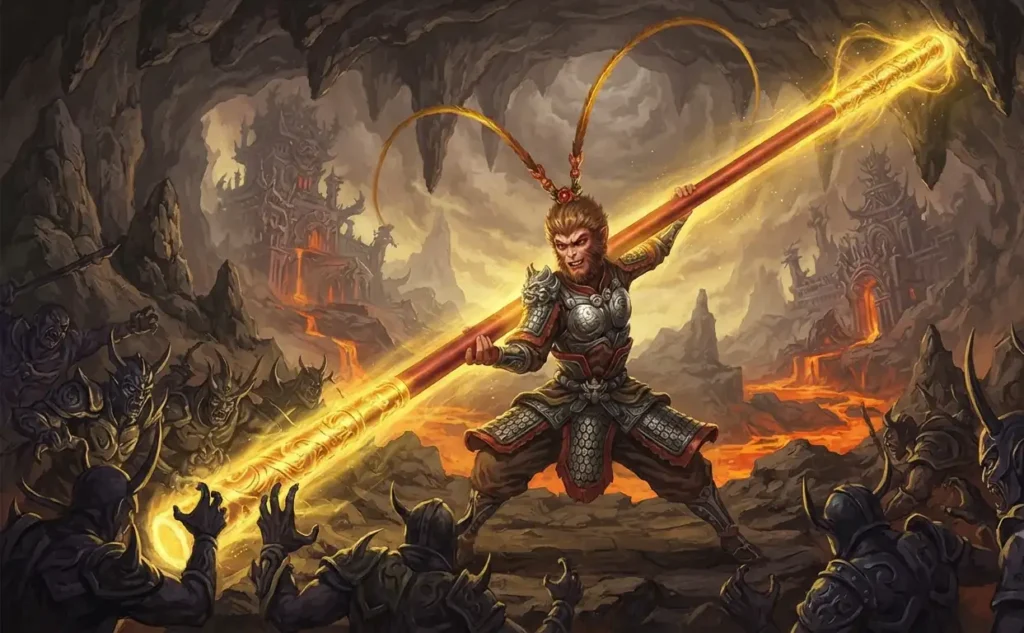 Sun Wukong controlling the size of his magical staff.