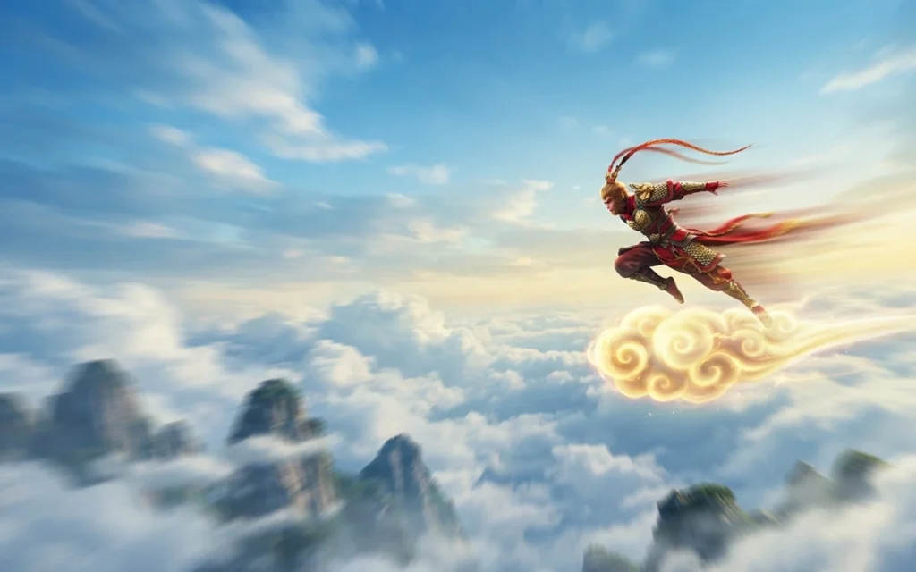 Sun Wukong traveling immense distances on a cloud.
