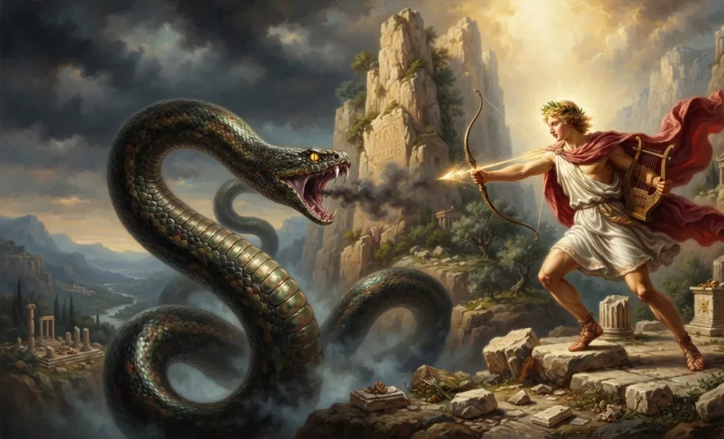 Apollo battling the serpent Python at Delphi.
