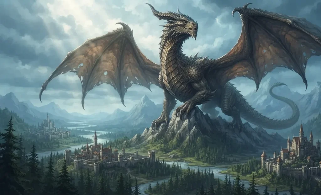 Enormous dragon dwarfing the surrounding landscape.