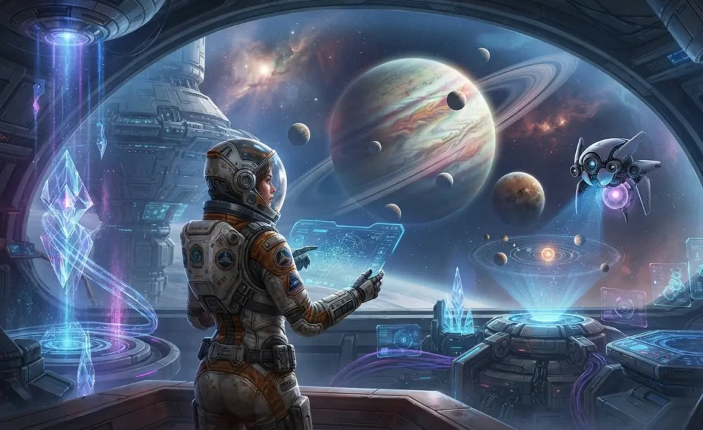 Astronaut exploring futuristic technology and alien worlds.