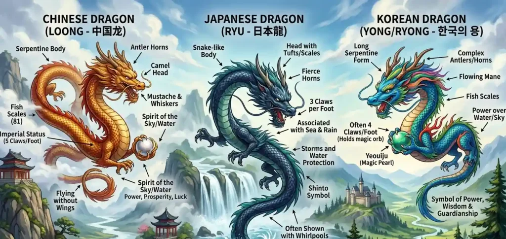 Three East Asian dragon types compared visually.