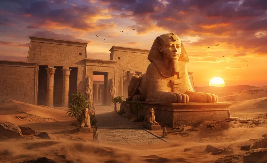 Sphinx watching over an ancient stone temple.