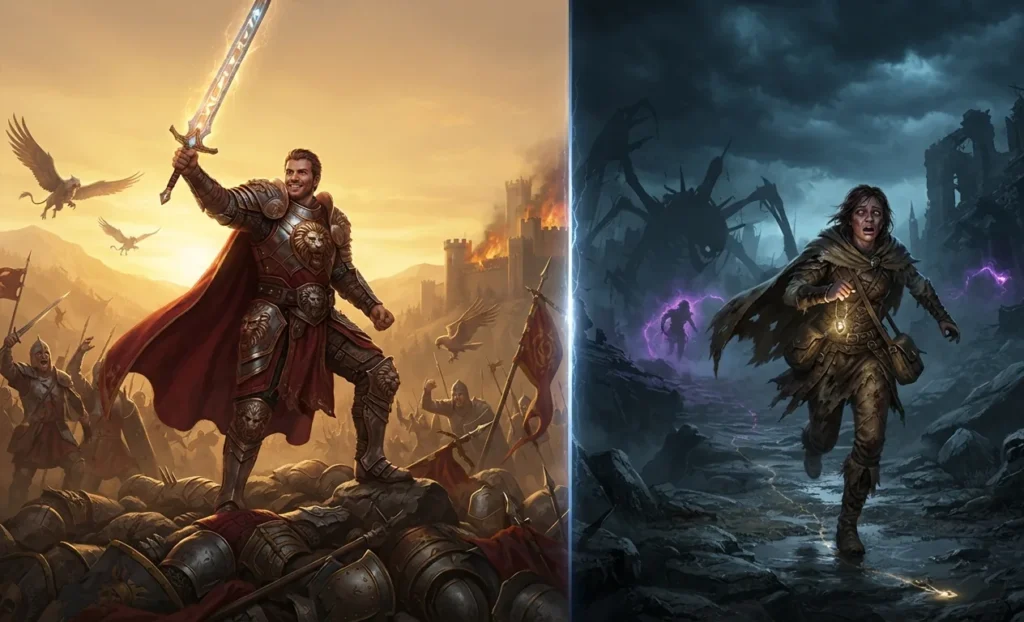 Fantasy triumph contrasted with horror survival.