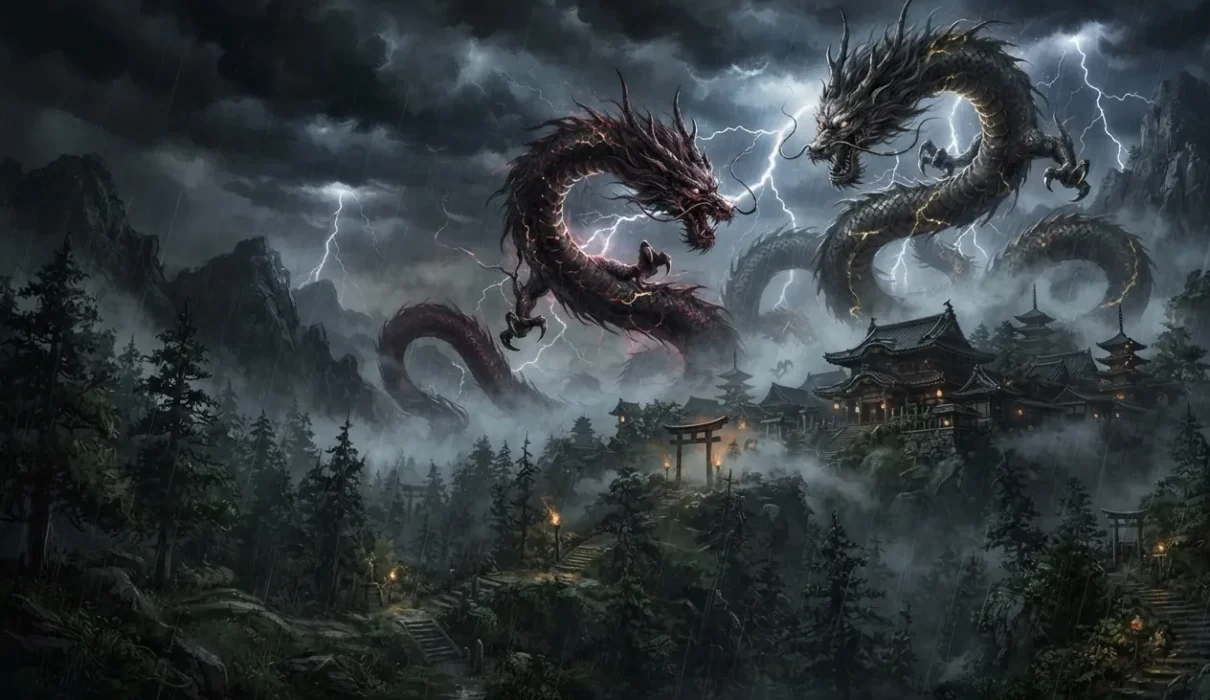 Dark Japanese dragons legends set in eerie landscapes.