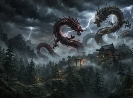 Dark Japanese dragons legends set in eerie landscapes.