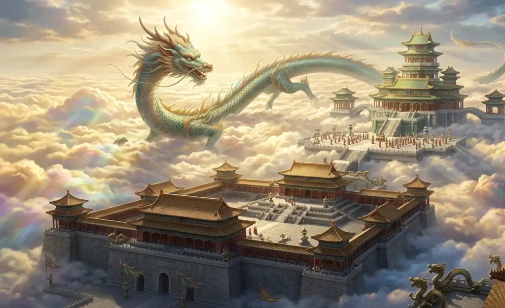 Chinese Long flying above an imperial palace.