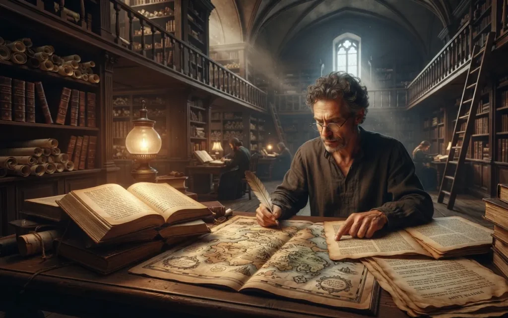 Scholar verifying the consistency of a fantasy world.