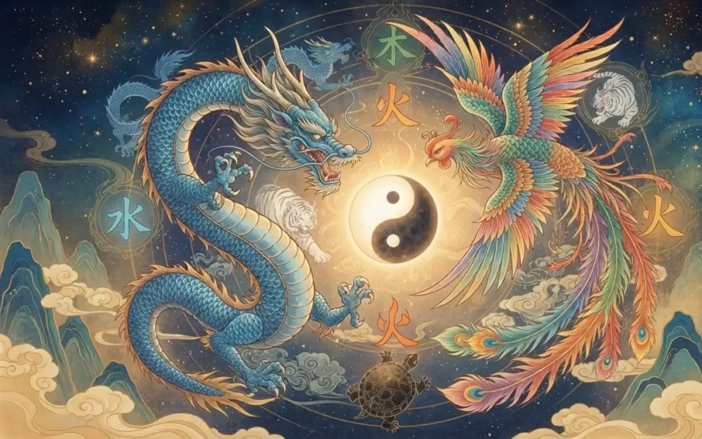 Dragon and Fenghuang surrounding the Yin Yang symbol.
