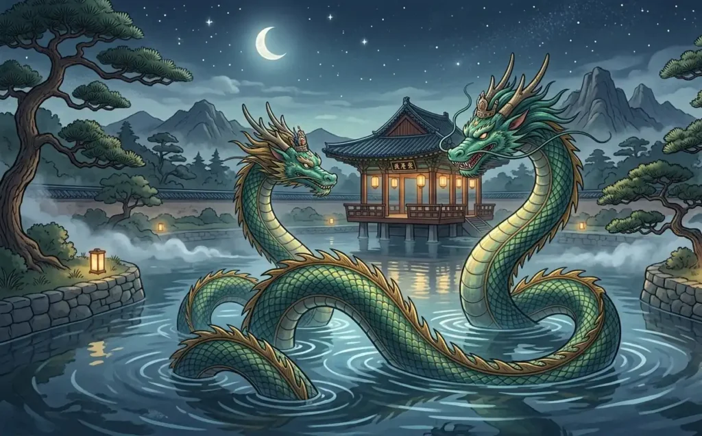 Dragon rising from Anapji Pond near the royal Silla palace.