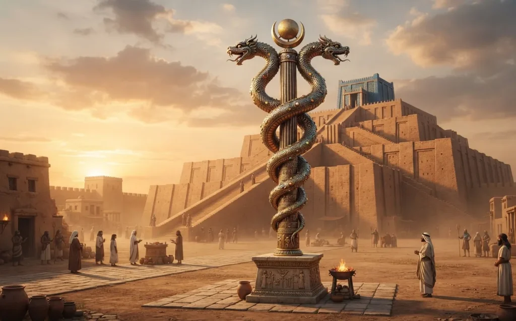 Serpent dragon of Ningishzida beside a Sumerian temple.