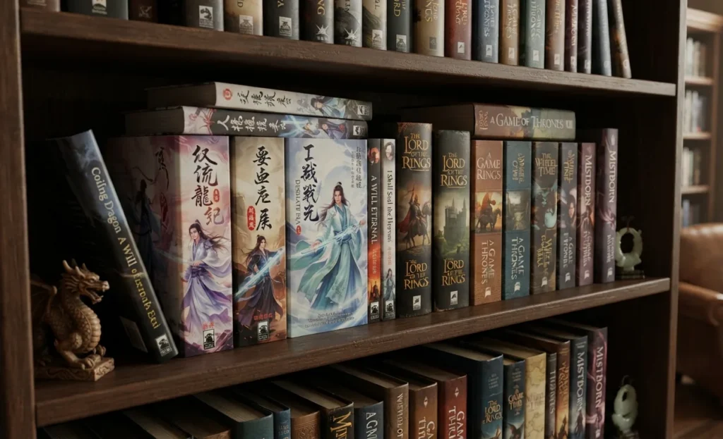 Cultivation novels displayed alongside fantasy books.