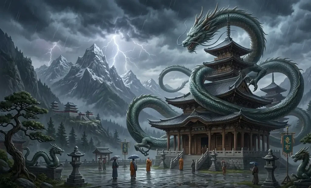 Japanese Ryu near a Buddhist temple and mountains.
