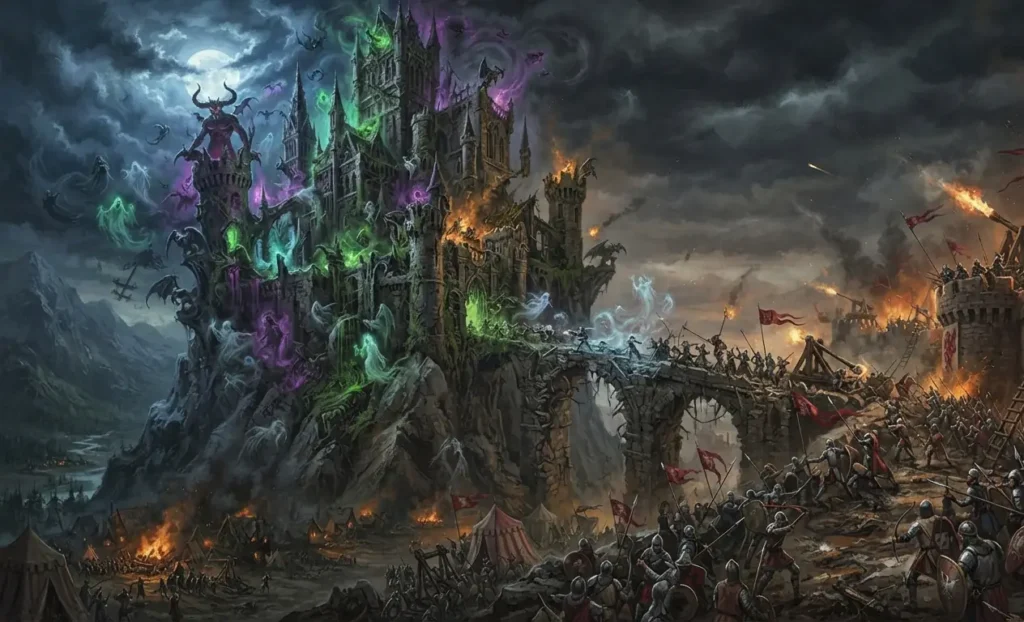 Fantasy setting contrasting monsters with human conflict.