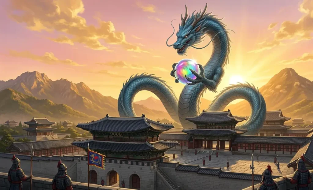 Korean Yong holding a luminous dragon pearl.
