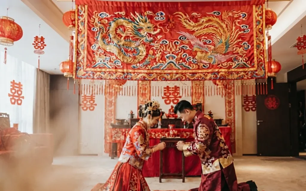 Dragon and Fenghuang blessing a traditional Chinese wedding.