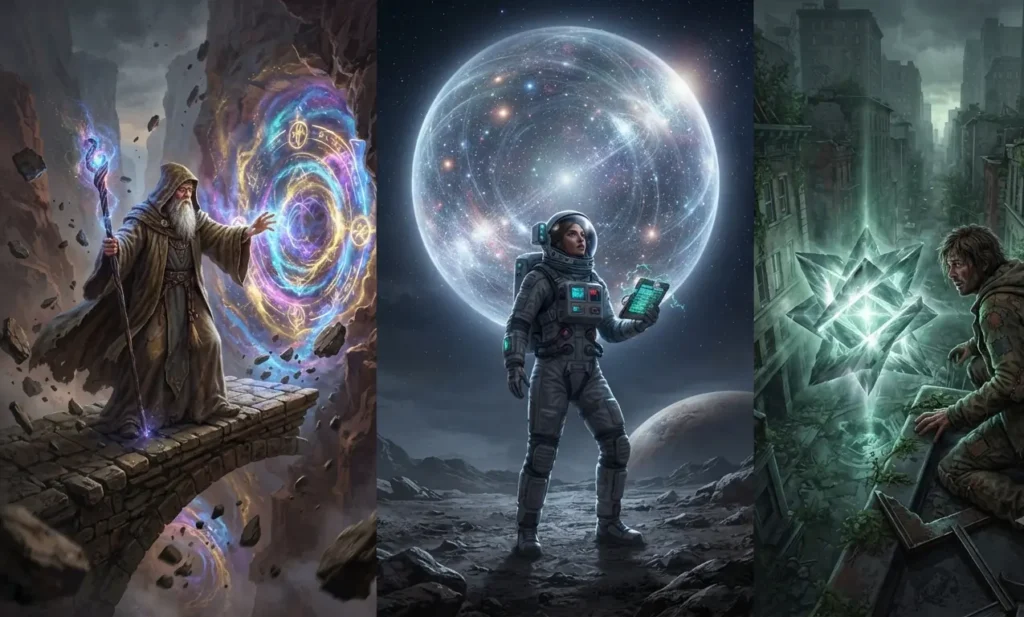 Three protagonists representing fantasy, science fiction, and horror.