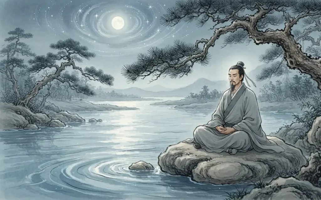 Sage seeking harmony with the Dao through contemplation.