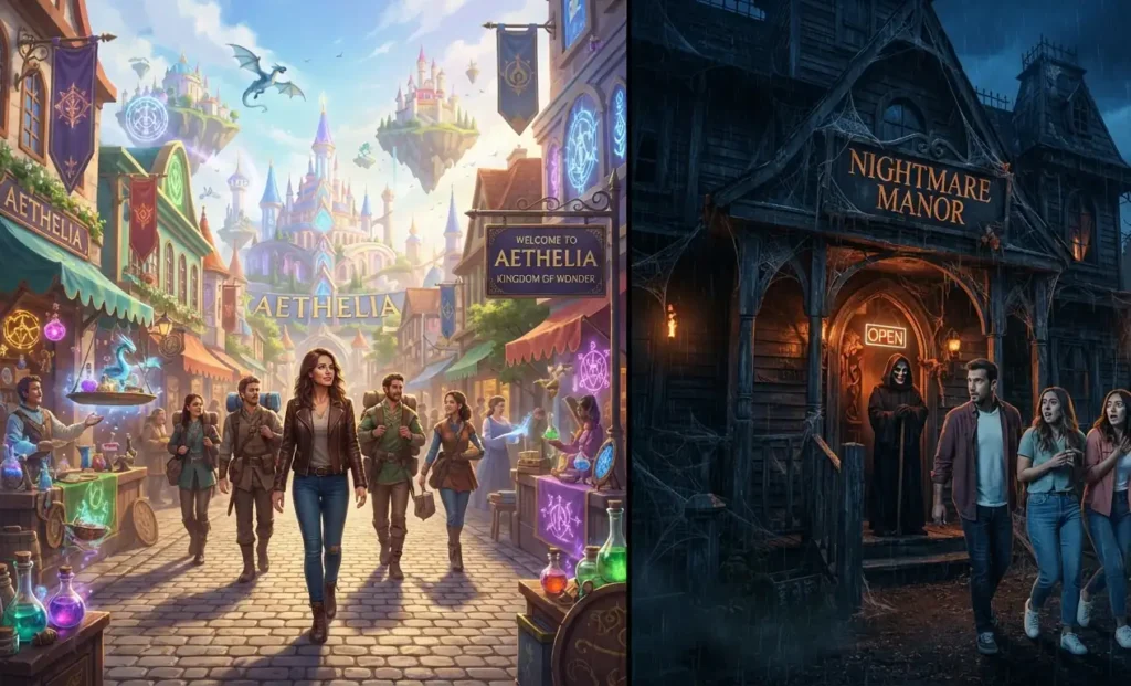 Magical world contrasted with a frightening intrusion.