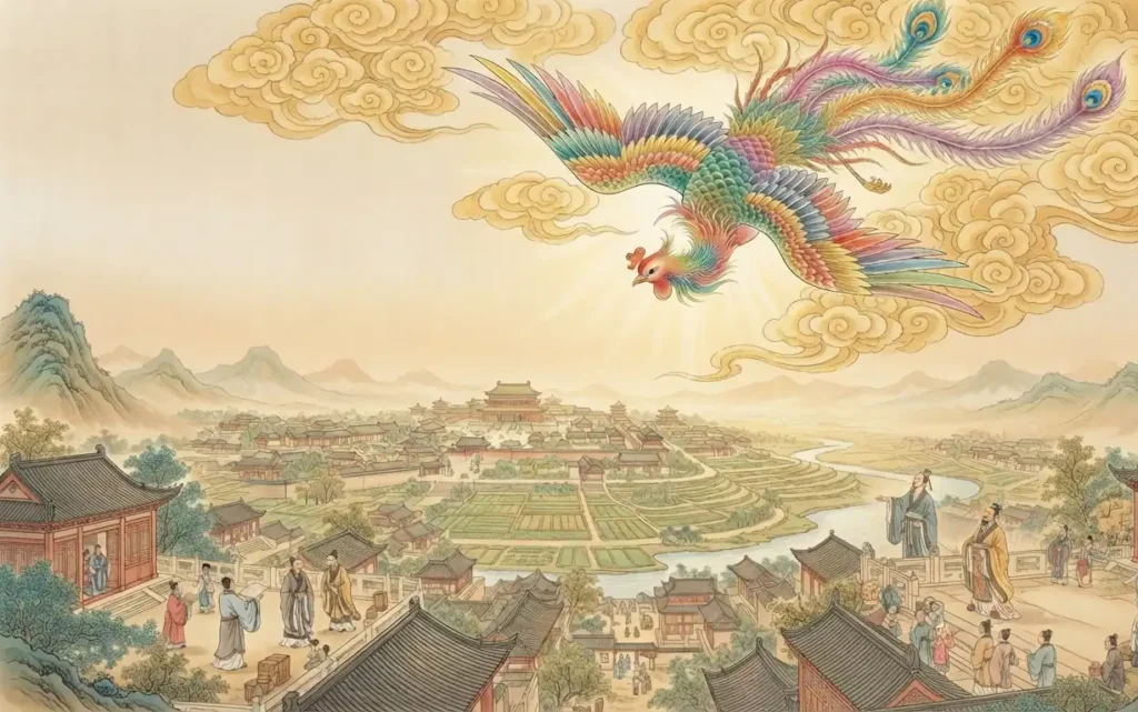 Fenghuang appearing above a peaceful and prosperous kingdom.