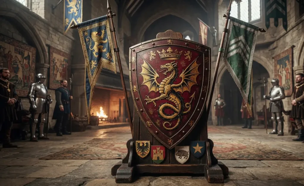Wyvern featured on a traditional heraldic shield.