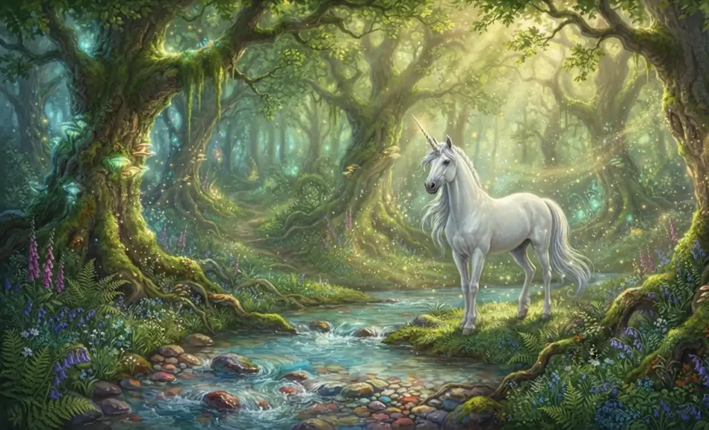 White unicorn with a spiraled horn in a magical forest.