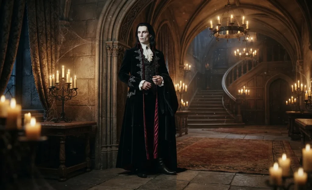 Vampire wearing dark clothing inside a castle.