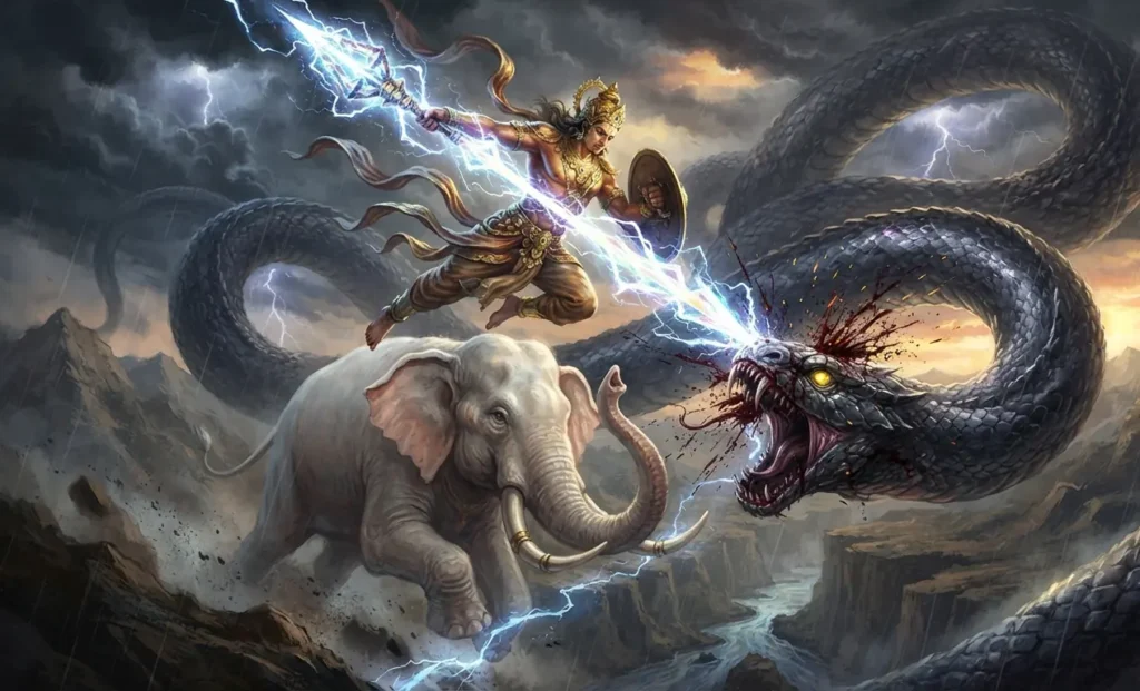Indra fighting the dragon Vritra with lightning.
