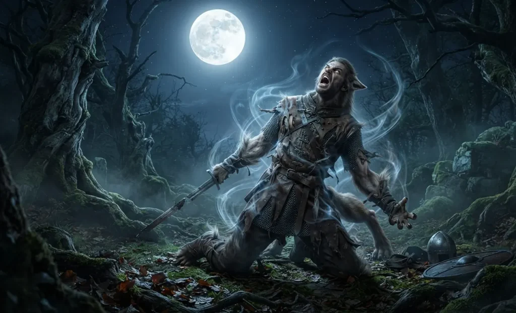 Human transforming into a werewolf under moonlight.