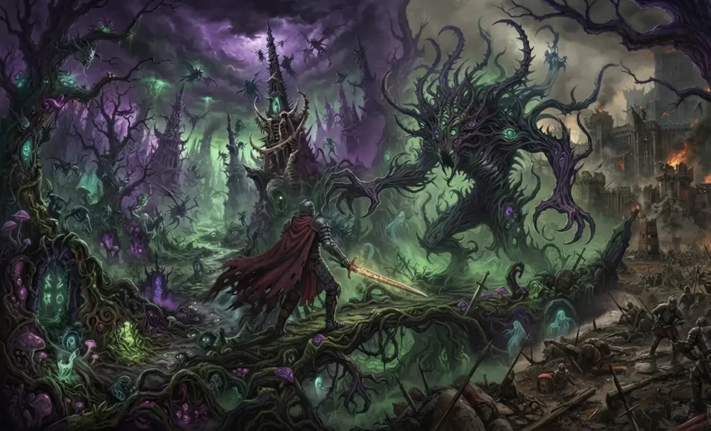 Fantasy hero facing a monstrous supernatural threat.