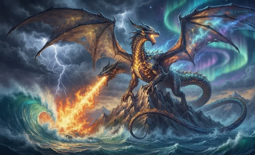 Dragon controlling multiple forces of nature.