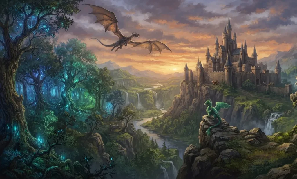 Classic fantasy world with magic and mythical beings.