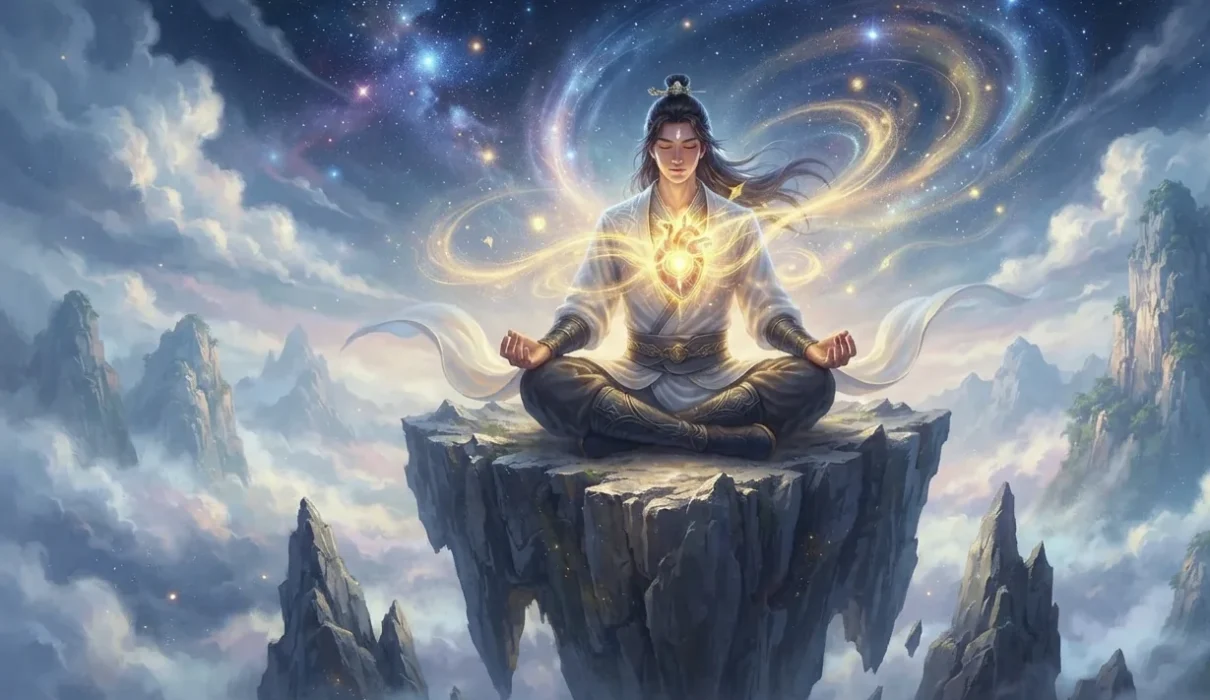 Cultivator awakening a luminous Dao Heart during meditation.