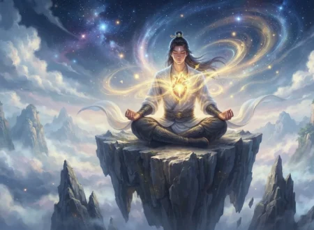 Cultivator awakening a luminous Dao Heart during meditation.