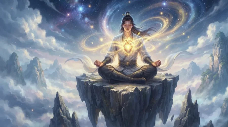 Cultivator awakening a luminous Dao Heart during meditation.