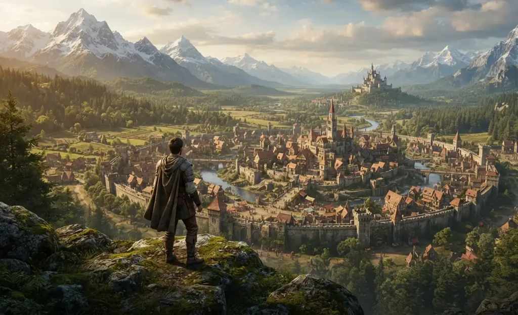 Adventurer viewing a realistic fantasy world.