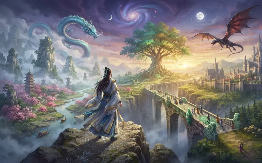 Cultivator standing between Eastern and Western fantasy worlds.
