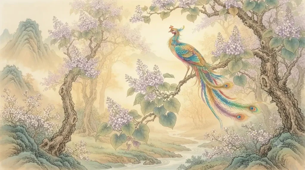 Fenghuang displaying its colorful feathers in a sacred grove.