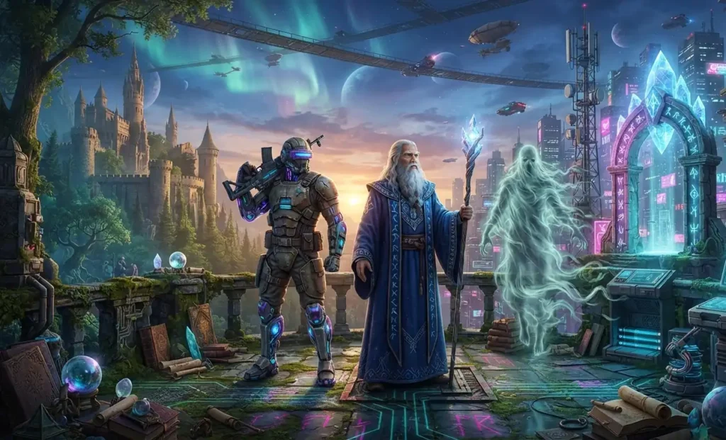 Fantasy, science fiction, and horror elements combined in one setting.