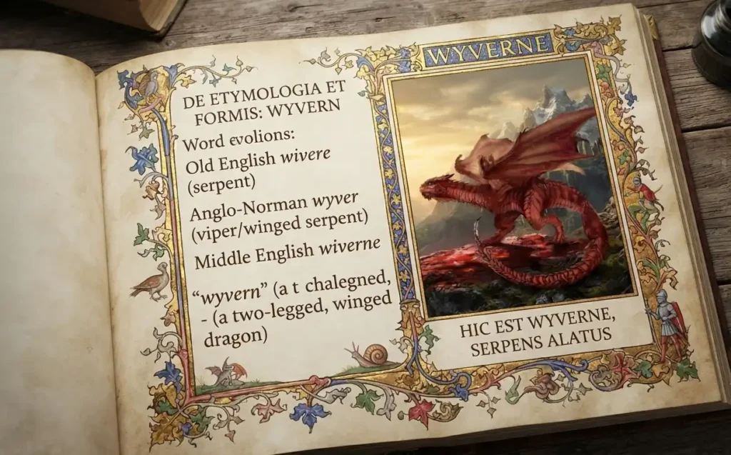 Medieval illustration of a wyvern beside historical manuscripts.