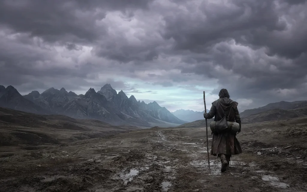 Fantasy hero walking into an uncertain future.