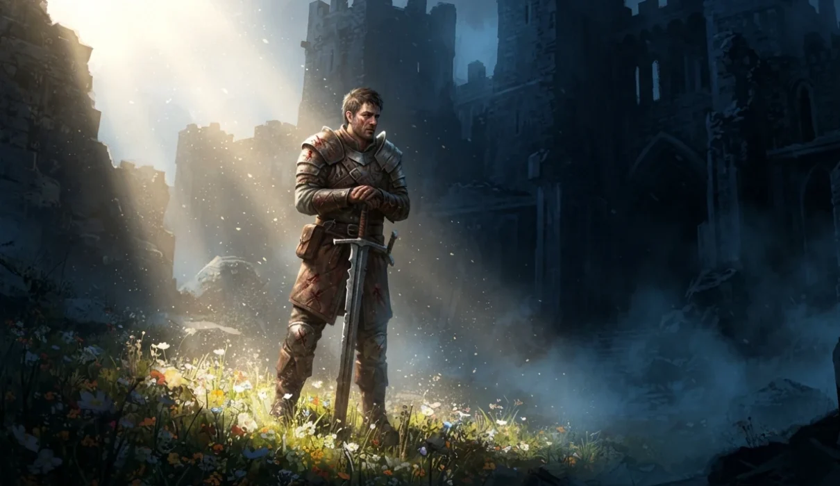 For dark fantasy readers - Morally gray fantasy hero standing between light and darkness.