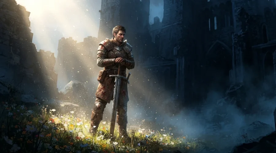 For dark fantasy readers - Morally gray fantasy hero standing between light and darkness.