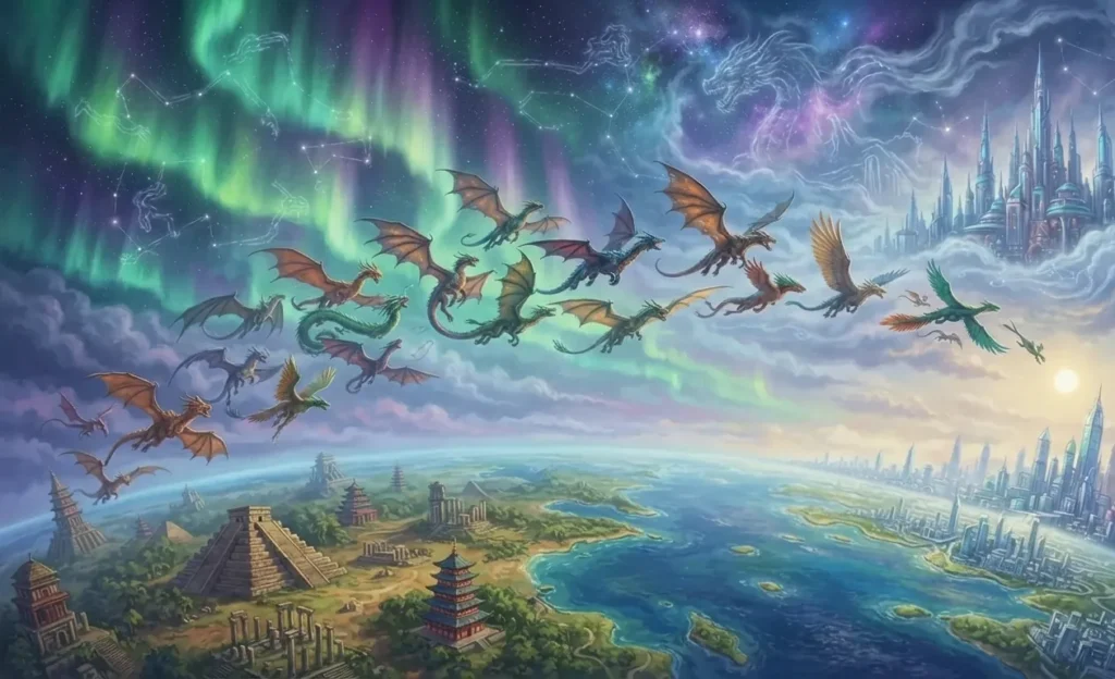 Dragons uniting mythology and fantasy across cultures.