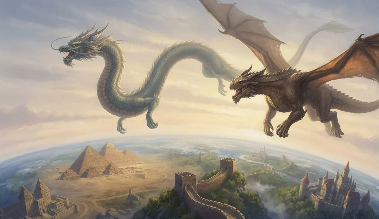 Fantasy Creatures, Dragons from many cultures flying across a shared world.