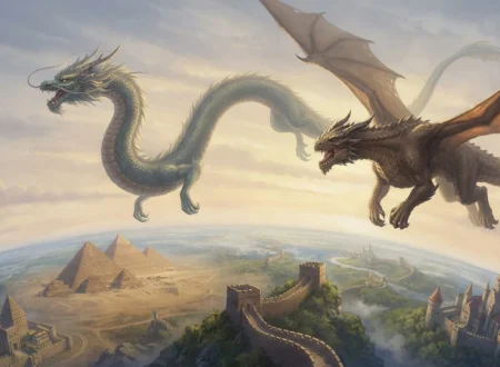 Fantasy Creatures, Dragons from many cultures flying across a shared world.