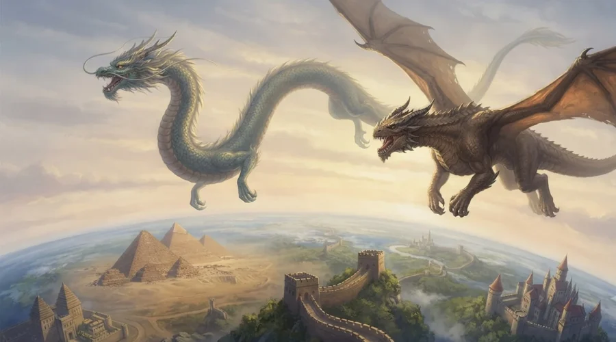 Fantasy Creatures, Dragons from many cultures flying across a shared world.