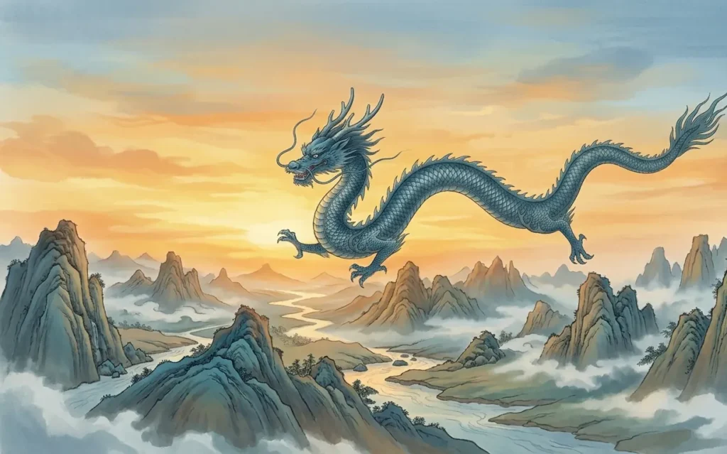 Eastern dragon flying without wings across the horizon.