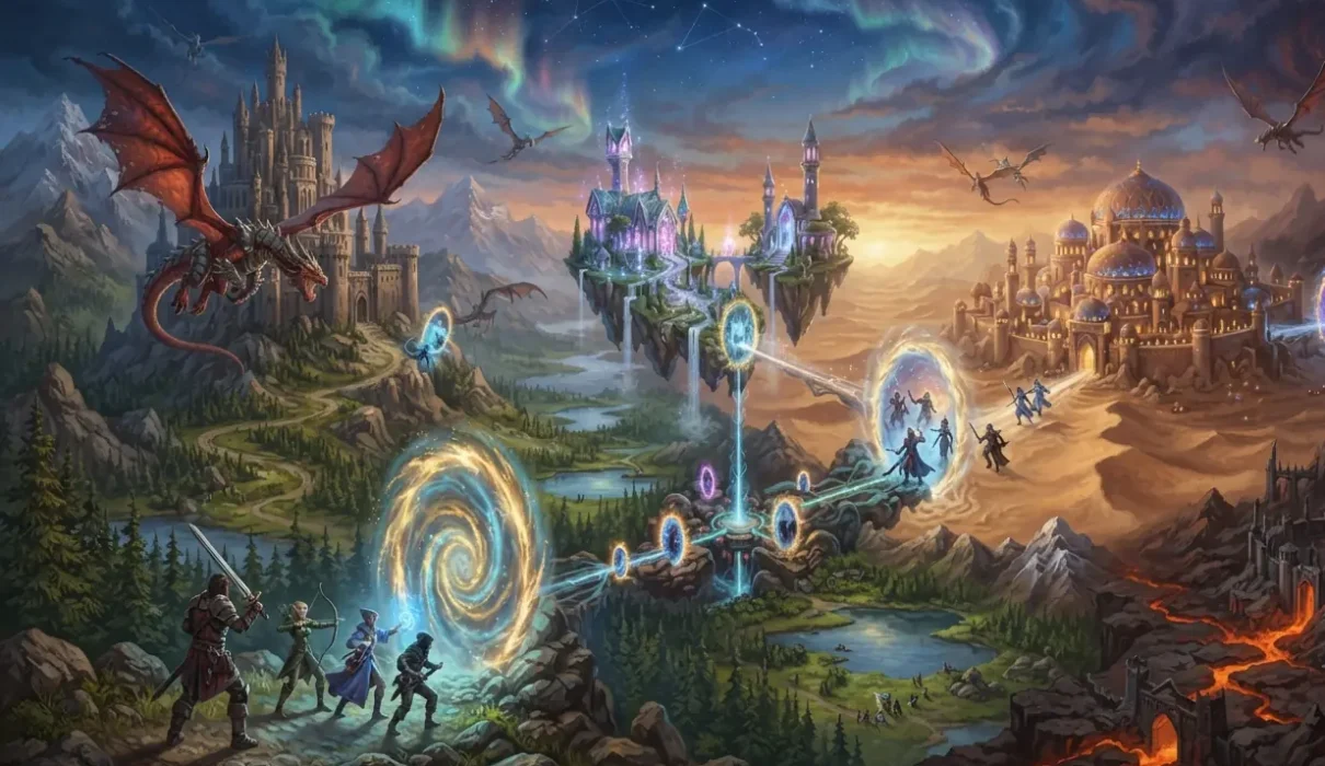 Why fantasy is more popular - Multiple fantasy worlds connected across one magical landscape.
